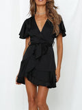 Lovefery V-neck Ruffled Belt Wrap Mini Dress