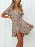 Lovefery V-neck Ruffled Belt Wrap Mini Dress