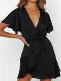 Lovefery V-neck Ruffled Belt Wrap Mini Dress