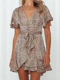 Lovefery V-neck Ruffled Belt Wrap Mini Dress