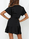 Lovefery V-neck Ruffled Belt Wrap Mini Dress