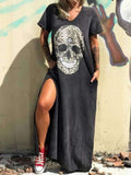 Lovefery V-neck Short-sleeved Skull Print Slit T-shirt Dress