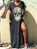 Lovefery V-neck Short-sleeved Skull Print Slit T-shirt Dress