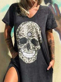 Lovefery V-neck Short-sleeved Skull Print Slit T-shirt Dress