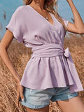 V-neck Short-sleeved Solid Loose Blouse