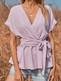 V-neck Short-sleeved Solid Loose Blouse