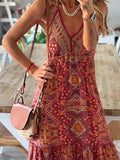 Lovefery V-neck Strap Bohemian Holiday Print Dress