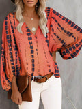 V-Neck Tie Dye Print Lantern Sleeve Top