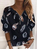 V-Neck Zipper Feather Print Long Sleeves Blouses