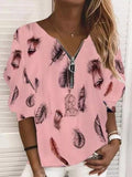 V-Neck Zipper Feather Print Long Sleeves Blouses