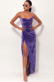 Lovefery Velvet Cowl Neck High Slit Backless Slip Maxi Dress - Purple