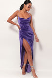 Lovefery Velvet Cowl Neck High Slit Backless Slip Maxi Dress - Purple