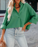 Viana Linen Blend Button Down Crop Top - Green