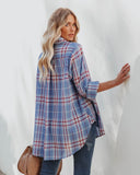 Vindy Cotton Blend Pocketed Plaid Henley Top - Blue