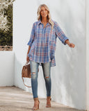 Vindy Cotton Blend Pocketed Plaid Henley Top - Blue