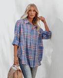 Vindy Cotton Blend Pocketed Plaid Henley Top - Blue