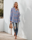 Vindy Cotton Blend Pocketed Plaid Henley Top - Blue