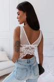 Lovefery White Floral Lace Mesh Crochet Wide Strap V Neck Bralette