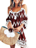 Lovefery Women Chevron Print Off Shoulder Strap Mini Dress