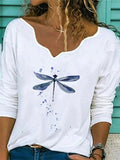 Women Dragonfly Printed V Neck Long Sleeve T-shirts