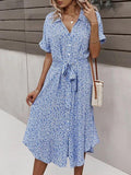 Lovefery Women Floral Print V Neck Drawstring Belt Midi Dress