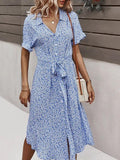 Lovefery Women Floral Print V Neck Drawstring Belt Midi Dress