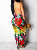 Women Floral Printed Halter Bandage Crop Top & Maxi Dress Sets