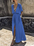 Lovefery Solid V-Neck Mid-Sleeve Slit Dress