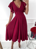 Lovefery Solid V-Neck Ruffle Sleeve Dress