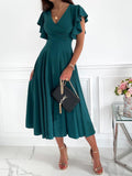 Lovefery Solid V-Neck Ruffle Sleeve Dress