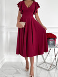 Lovefery Solid V-Neck Ruffle Sleeve Dress