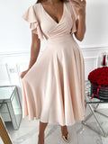 Lovefery Solid V-Neck Ruffle Sleeve Dress