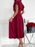 Lovefery Solid V-Neck Ruffle Sleeve Dress