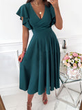 Lovefery Solid V-Neck Ruffle Sleeve Dress