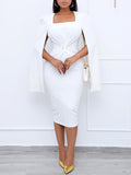 Lovefery Square Neck Beaded Cape Twist Slim Dress