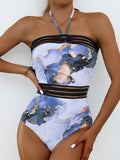 lovefery Swimsuits Printed Halter Mesh Panel One Piece Swimsuit