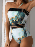 lovefery Swimsuits Printed Halter Mesh Panel One Piece Swimsuit