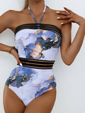 lovefery Swimsuits Printed Halter Mesh Panel One Piece Swimsuit