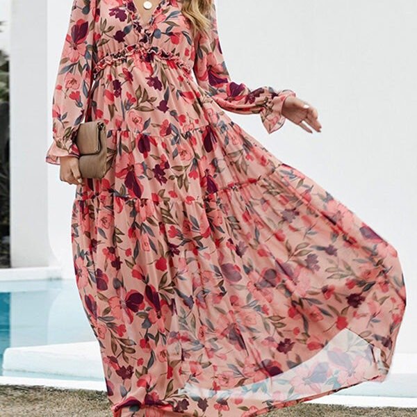 High Waisted Long Sleeves Flower Print Pleated Ruffled V-Neck Maxi Dresses