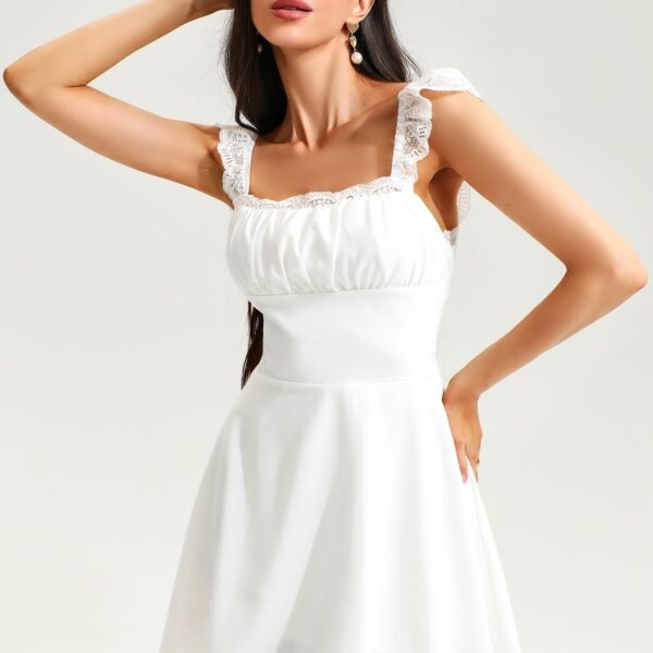 Lace Hem Square Collar Corset Pleated Mini Dress White