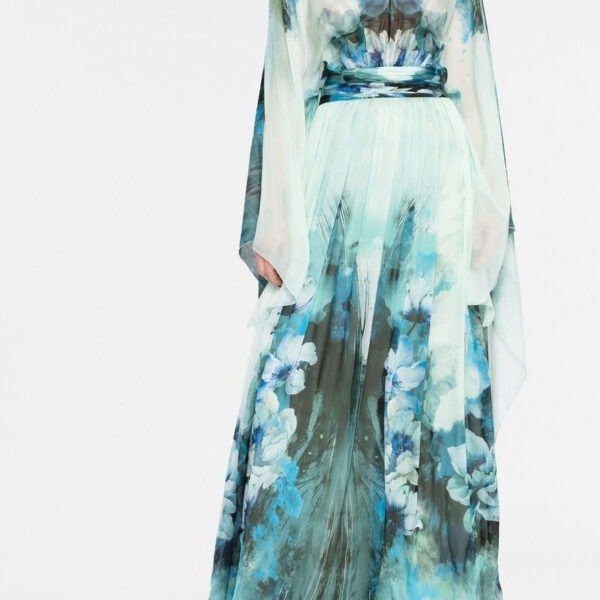 Floral Long Sleeves V-Neck Tapered Waist Maxi Dress Blue