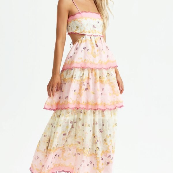 Floral Cami Tiered Ruffle Hem Backless Maxi Dress