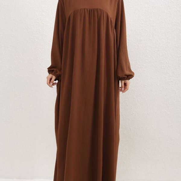 Long Sleeves Loose Pleated Solid Color Split-Joint Round-Neck Maxi Dresses