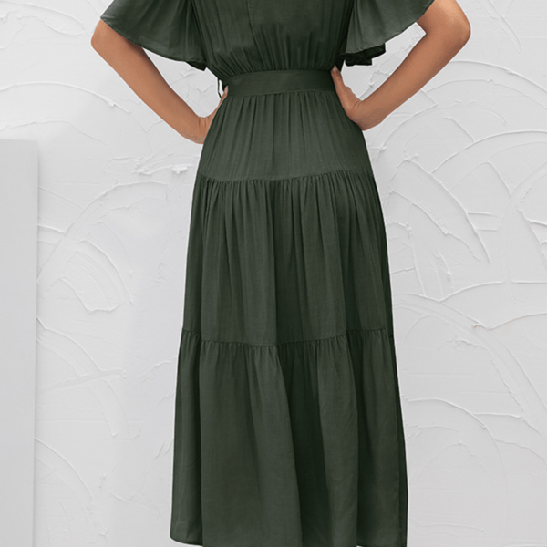 Solid Split Joint With Belt V Neck Cake Skirt Dresses