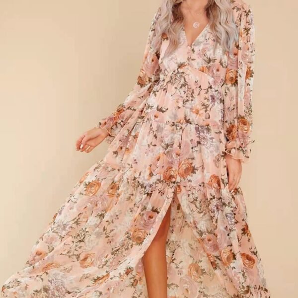 Floral Puff Sleeve V-Neck Ruffle Hem Maxi Dress