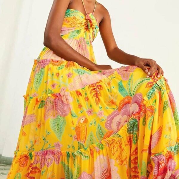 Hanging Neck Printed Floral Design Backless Straight Maxi Dress