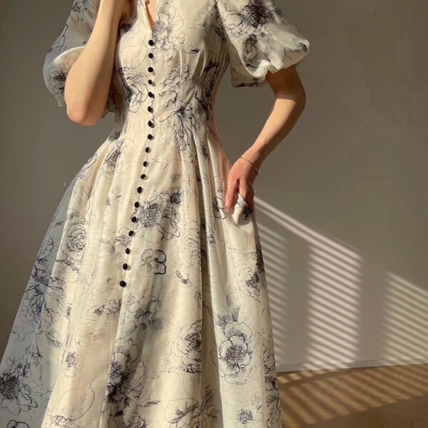 Elegant V Neck Print Button Chiffon Maxi Dress Short Sleeve