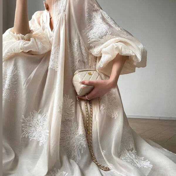 Boutique Apricot Embroideried Patchwork Chiffon Dresses Lantern Sleeve