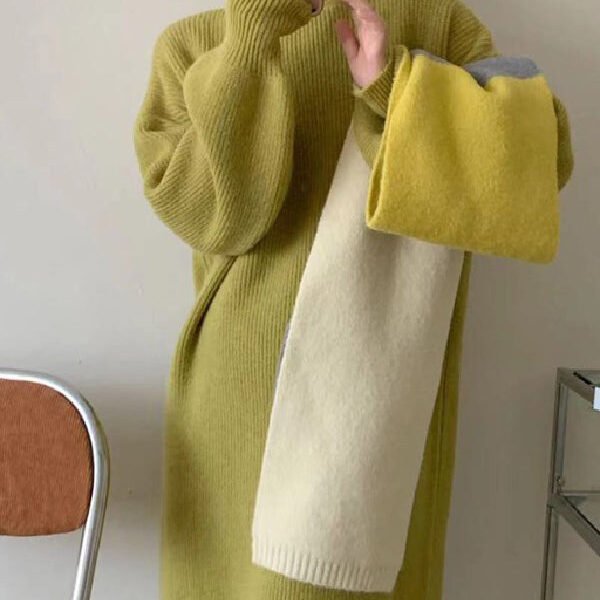 Long Sleeves Loose Solid Color High Neck Midi Dresses Sweater Dresses