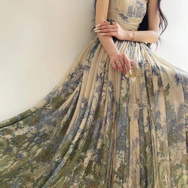 New Blue Wrinkled Print Tulle Spaghetti Strap Dress Sleeveless